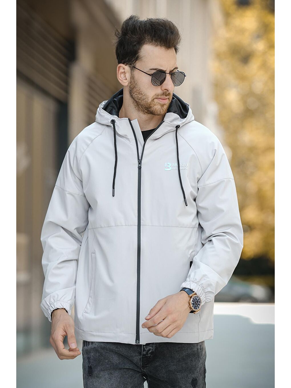 Oksit Gri Mmx Baskılı Suya Dayanaklı Slim Fit Erkek Kapüşonlu Mevsimlik Mont Yağmurluk - 3