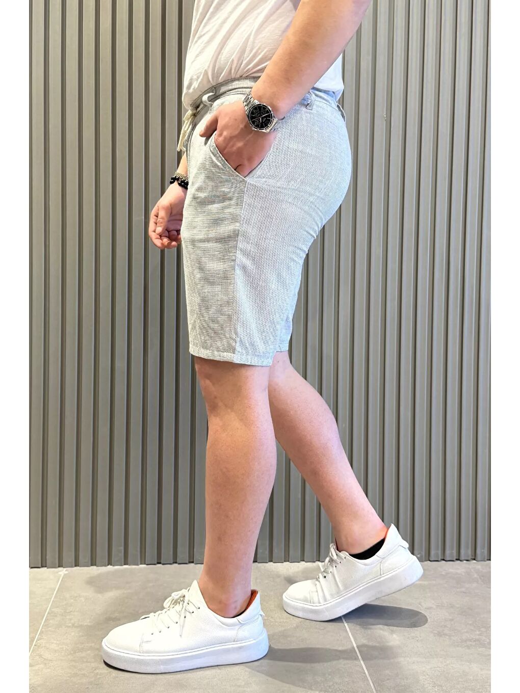 Yeşil Bel Bağcıklı Keten Erkek Şort-1