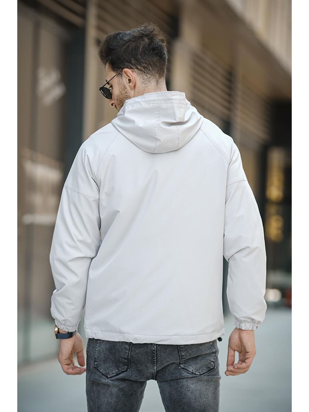 Oksit Gri Mmx Baskılı Suya Dayanaklı Slim Fit Erkek Kapüşonlu Mevsimlik Mont Yağmurluk - 4