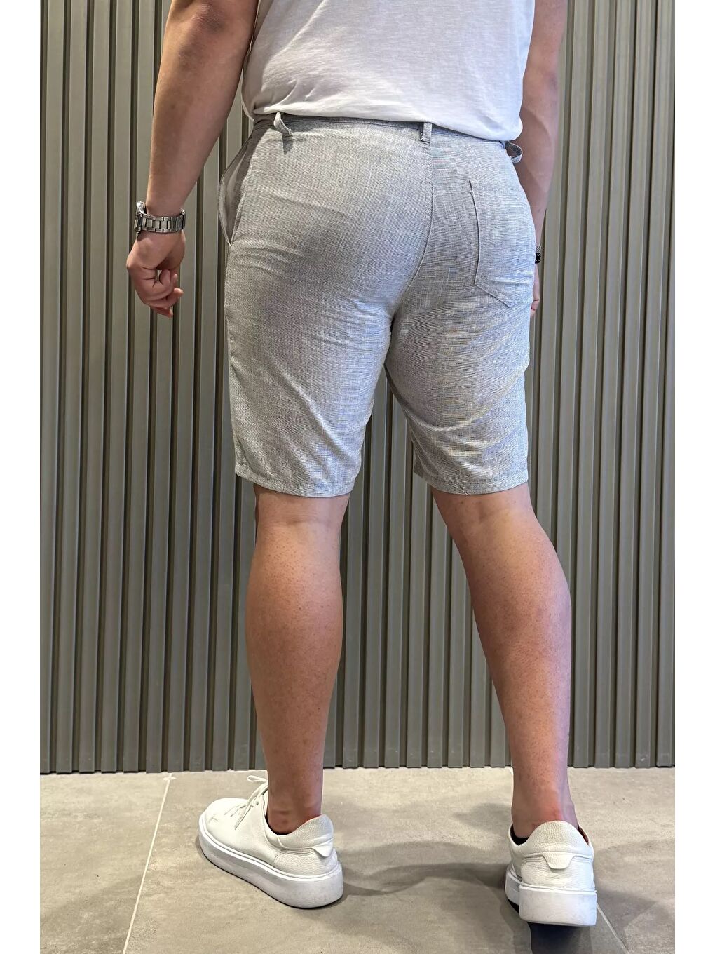 Yeşil Bel Bağcıklı Keten Erkek Şort-2