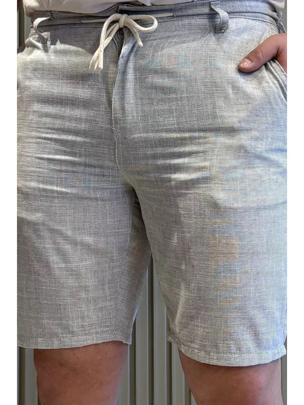 Yeşil Bel Bağcıklı Keten Erkek Şort-3