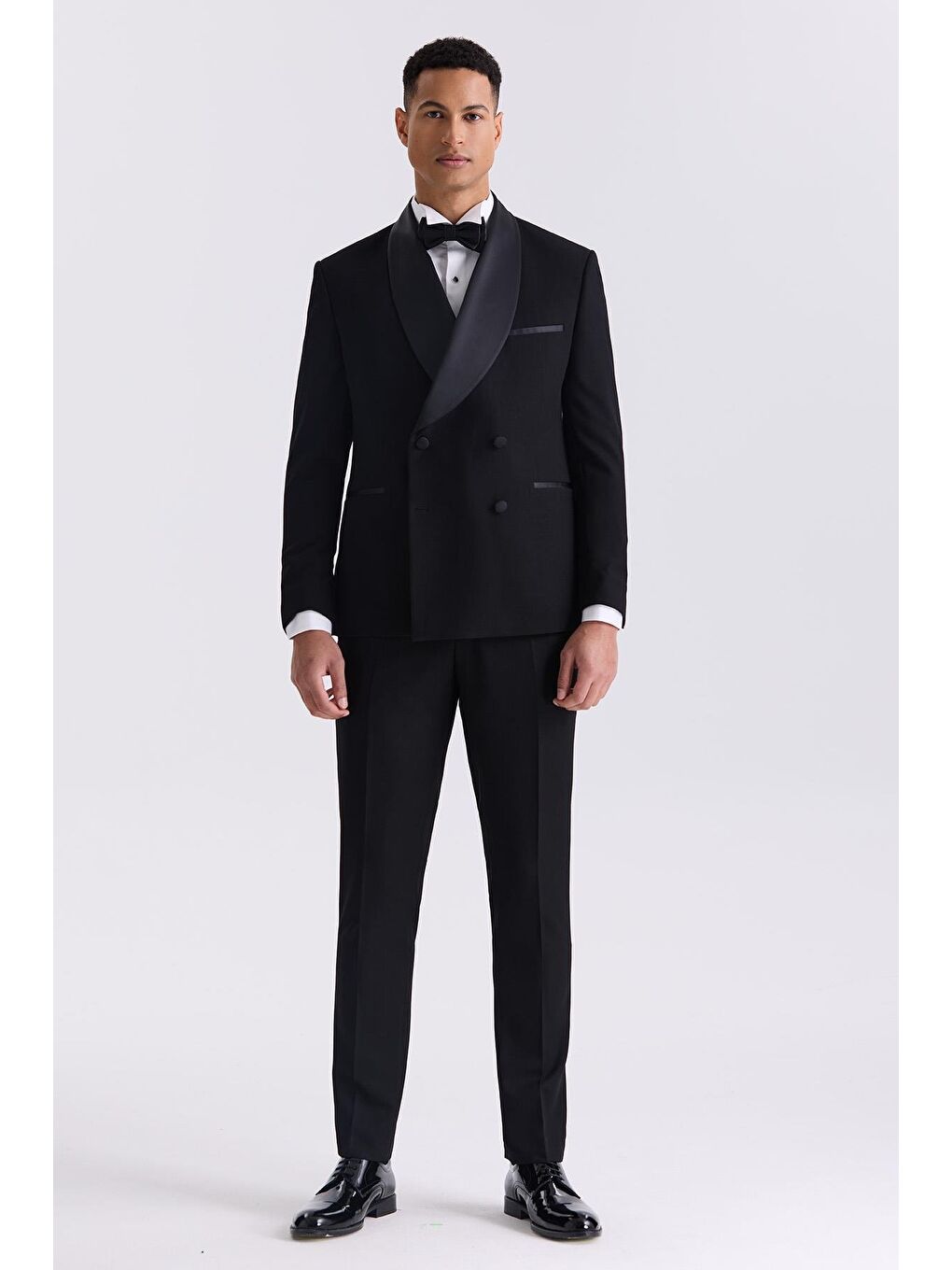 Siyah Slim Fit Sabit Şal Yaka Kruvaze Smokin Takım Elbise-1