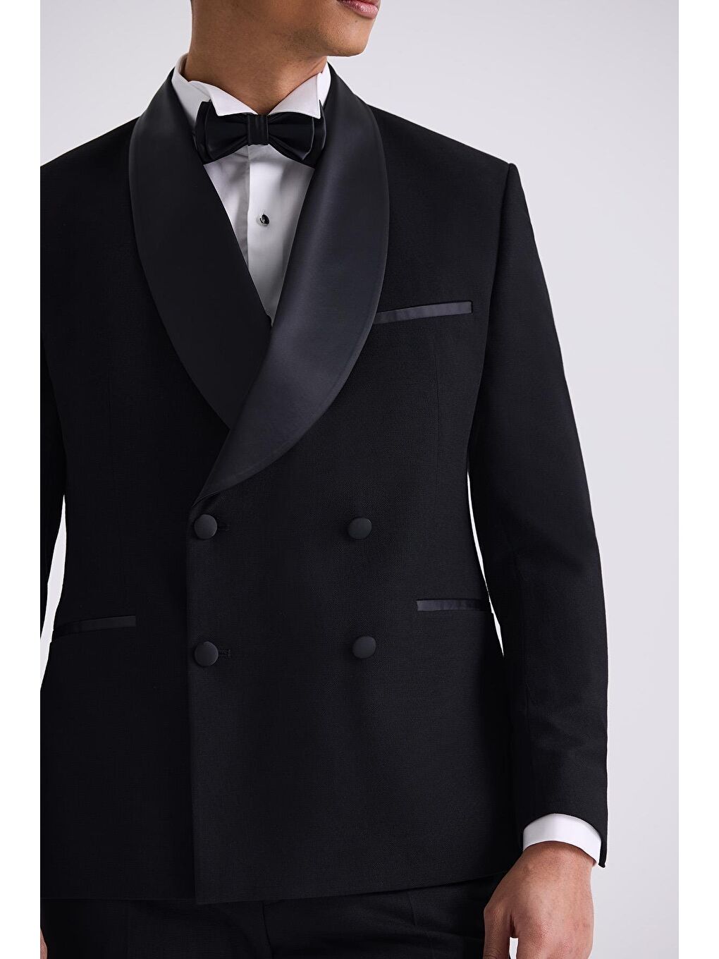 Siyah Slim Fit Sabit Şal Yaka Kruvaze Smokin Takım Elbise-2