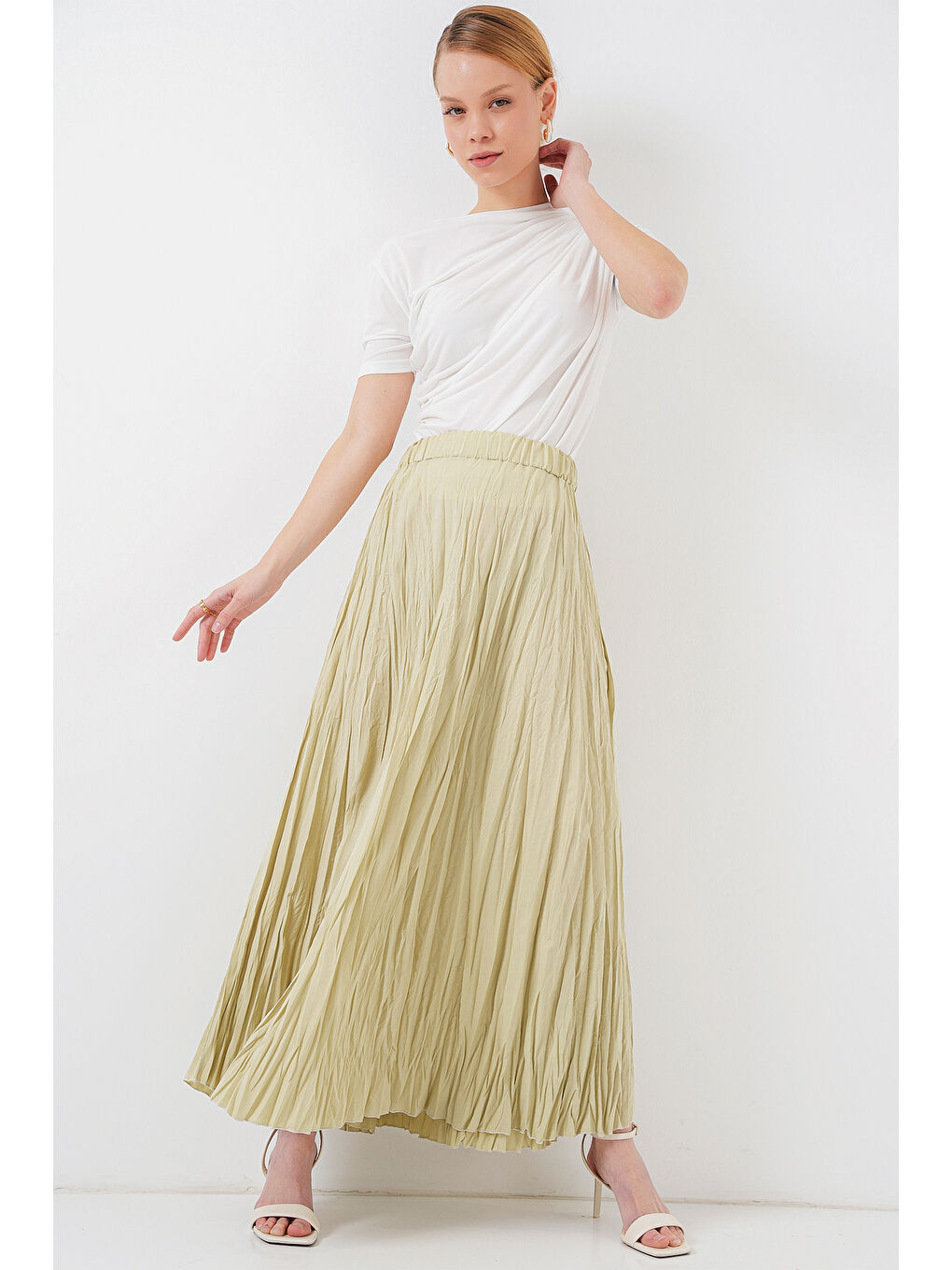 Kadın Uzun Kırışık Etek 8042 - A.Haki-2