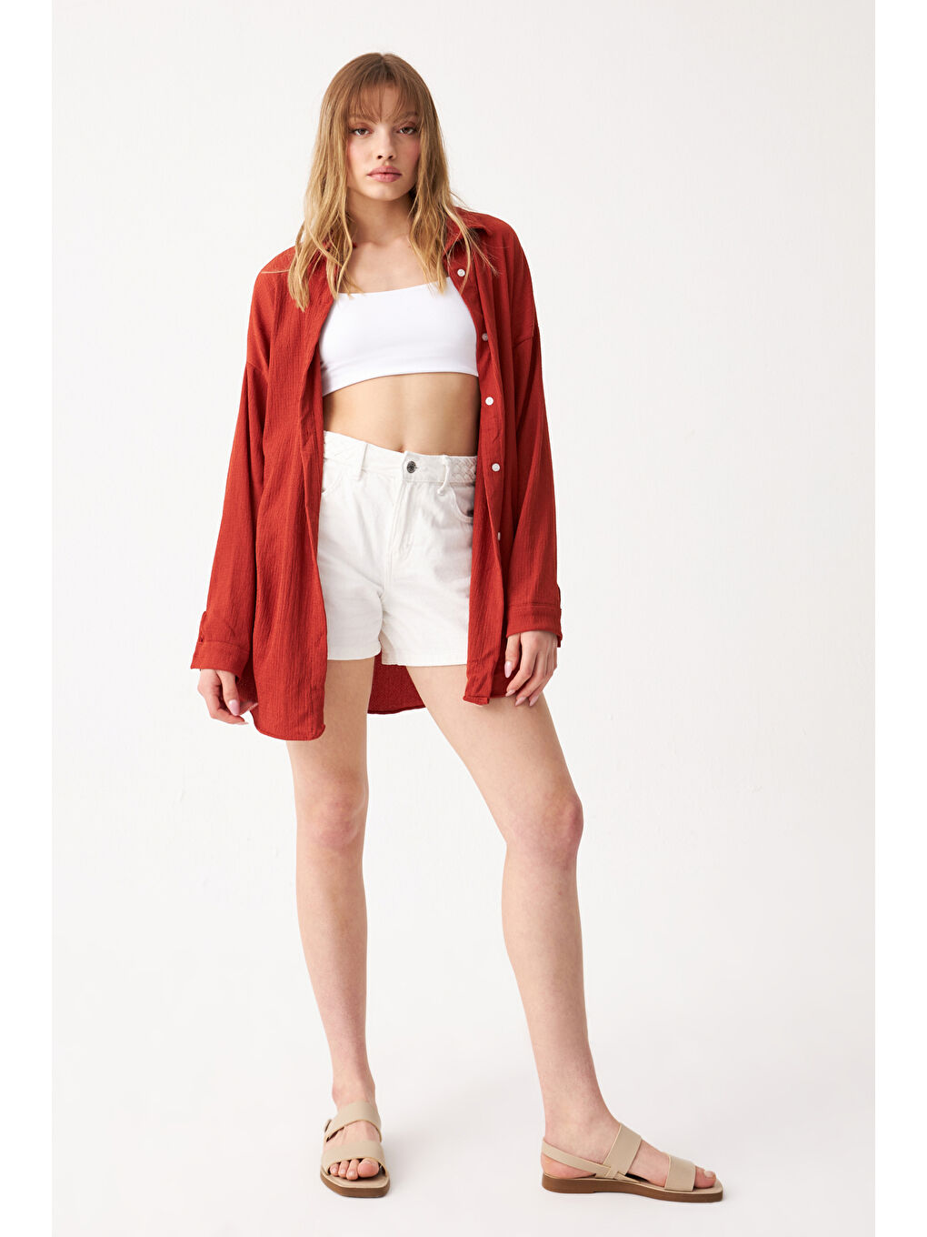 Kahverengi Kadın Kiremit Oversize Uzun Krinkıl Gömlek-1