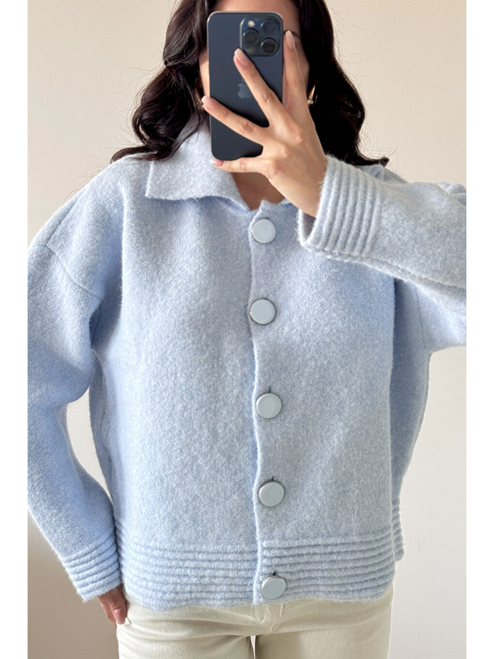 Kadın Mavi Polo Yaka Hırka 1014-2496