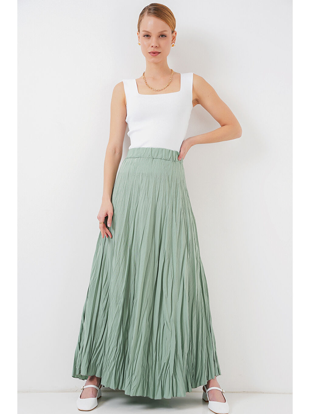 Yeşil Kadın Uzun Kırışık Etek 8042 - Çağla
