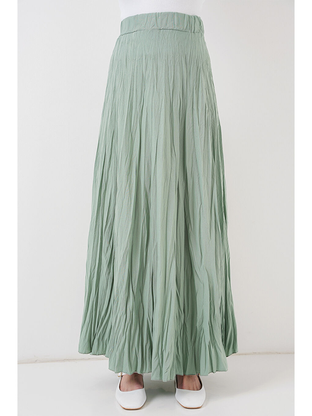 Yeşil Kadın Uzun Kırışık Etek 8042 - Çağla-1