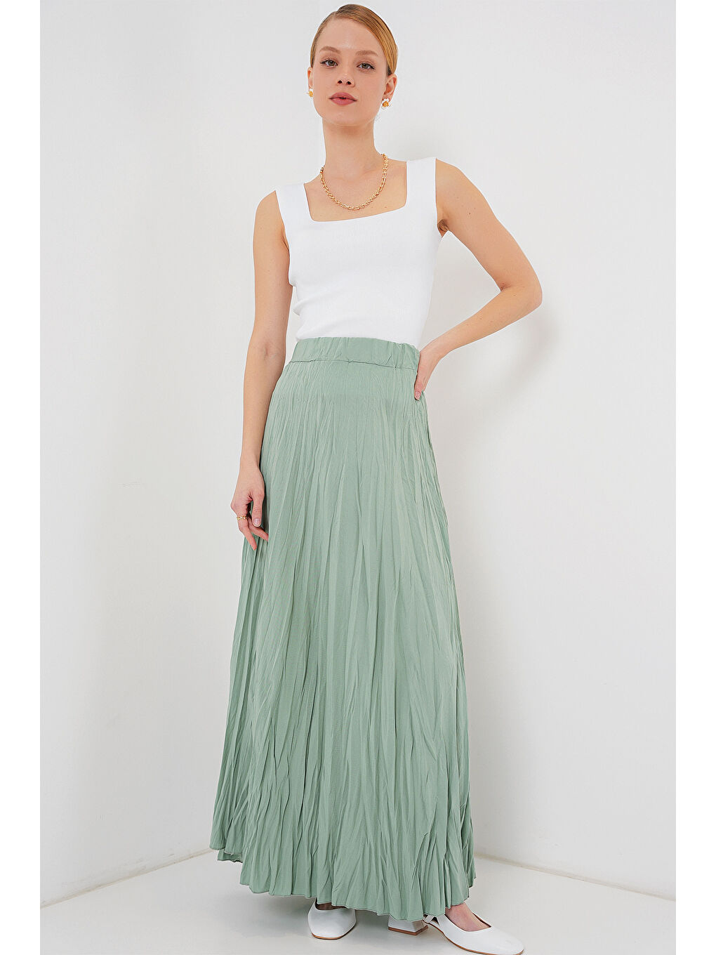 Yeşil Kadın Uzun Kırışık Etek 8042 - Çağla-2