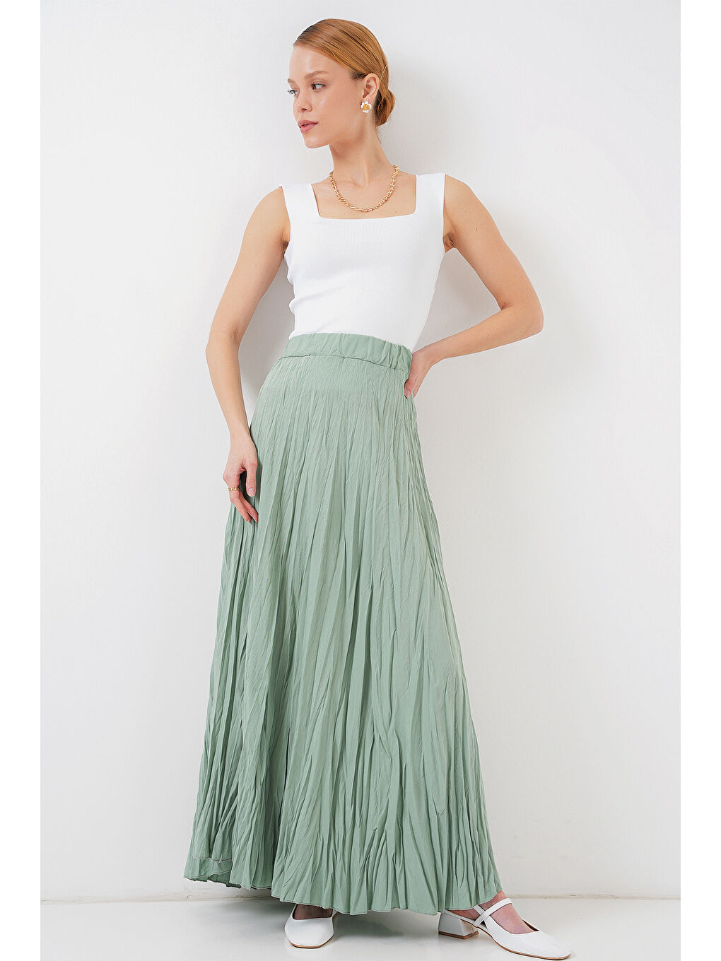 Yeşil Kadın Uzun Kırışık Etek 8042 - Çağla-3
