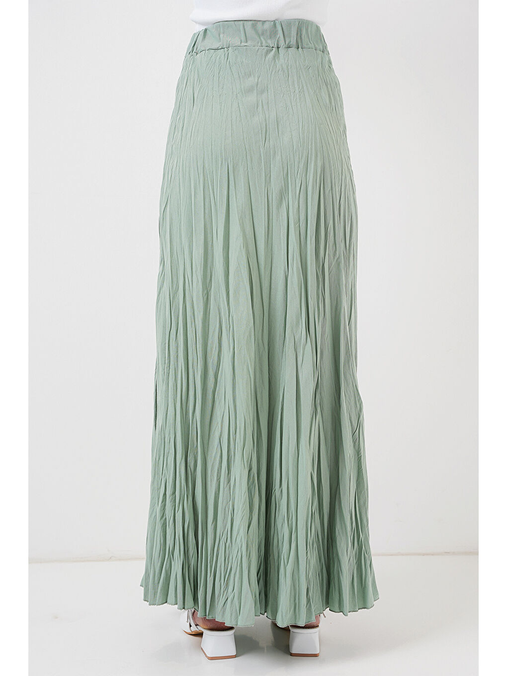 Yeşil Kadın Uzun Kırışık Etek 8042 - Çağla-5