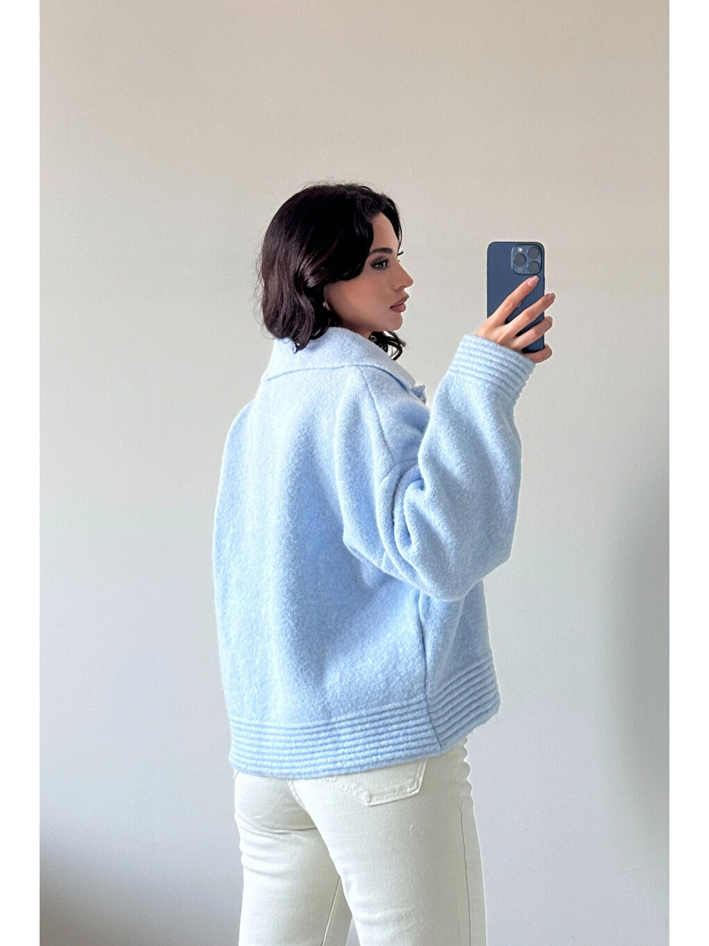 Kadın Mavi Polo Yaka Hırka 1014-2496-1