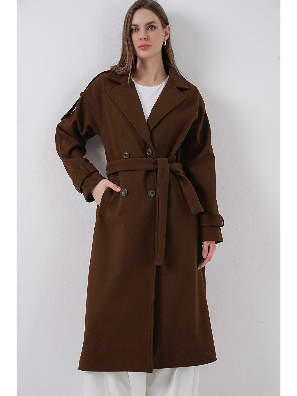 Kadın Kuşaklı Kaşe Kaban 9161 - Kahverengi