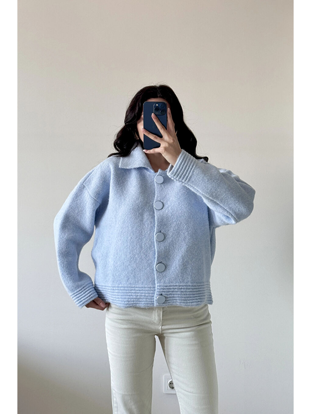 Kadın Mavi Polo Yaka Hırka 1014-2496-2