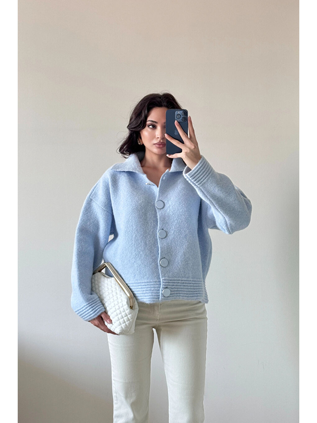 Kadın Mavi Polo Yaka Hırka 1014-2496-3