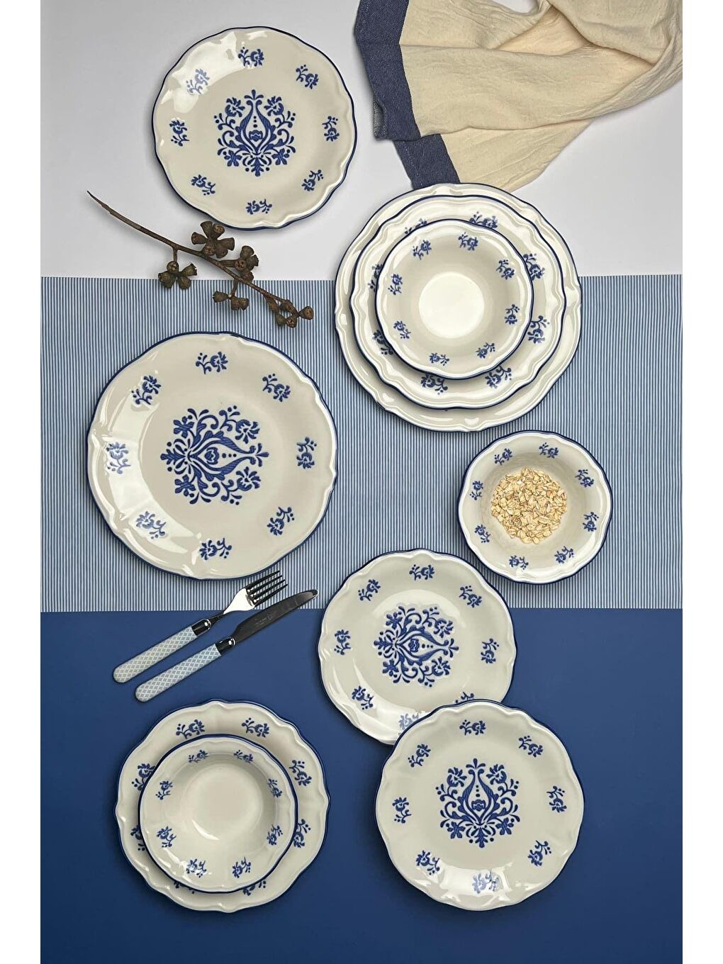 TABAK EVİ Krem-Beyaz Stoneware Flower Blue Yemek Takımı 6 Kişilik 24 Parça - 2