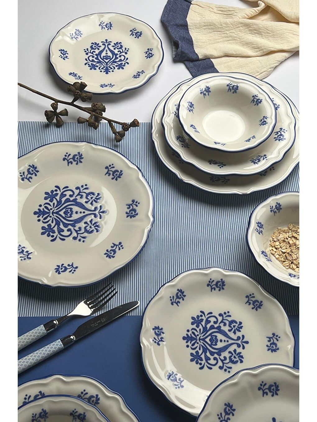 TABAK EVİ Krem-Beyaz Stoneware Flower Blue Yemek Takımı 6 Kişilik 24 Parça - 3