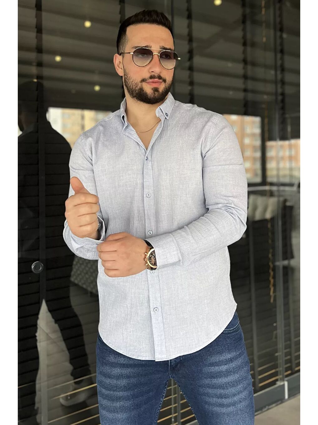 İndigo Kendinden Desenli Erkek Uzun Kol Gömlek