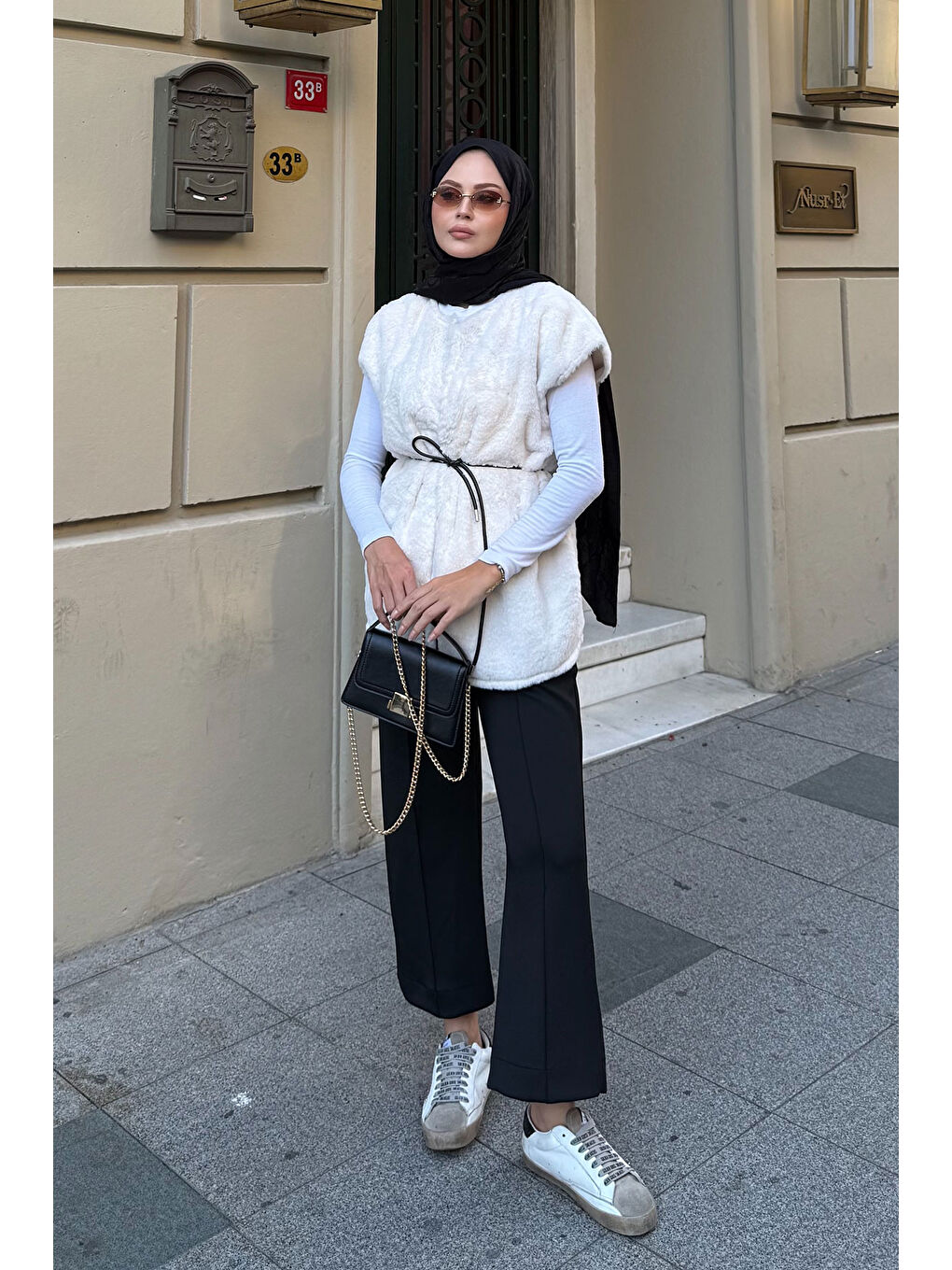 Ekru Kadın Kemerli Pelüş Yelek Krem-2