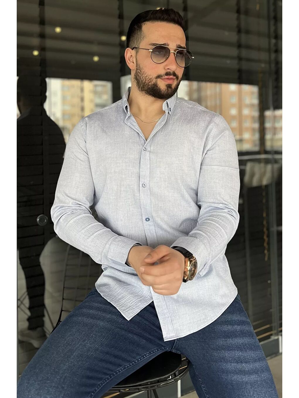 İndigo Kendinden Desenli Erkek Uzun Kol Gömlek-1