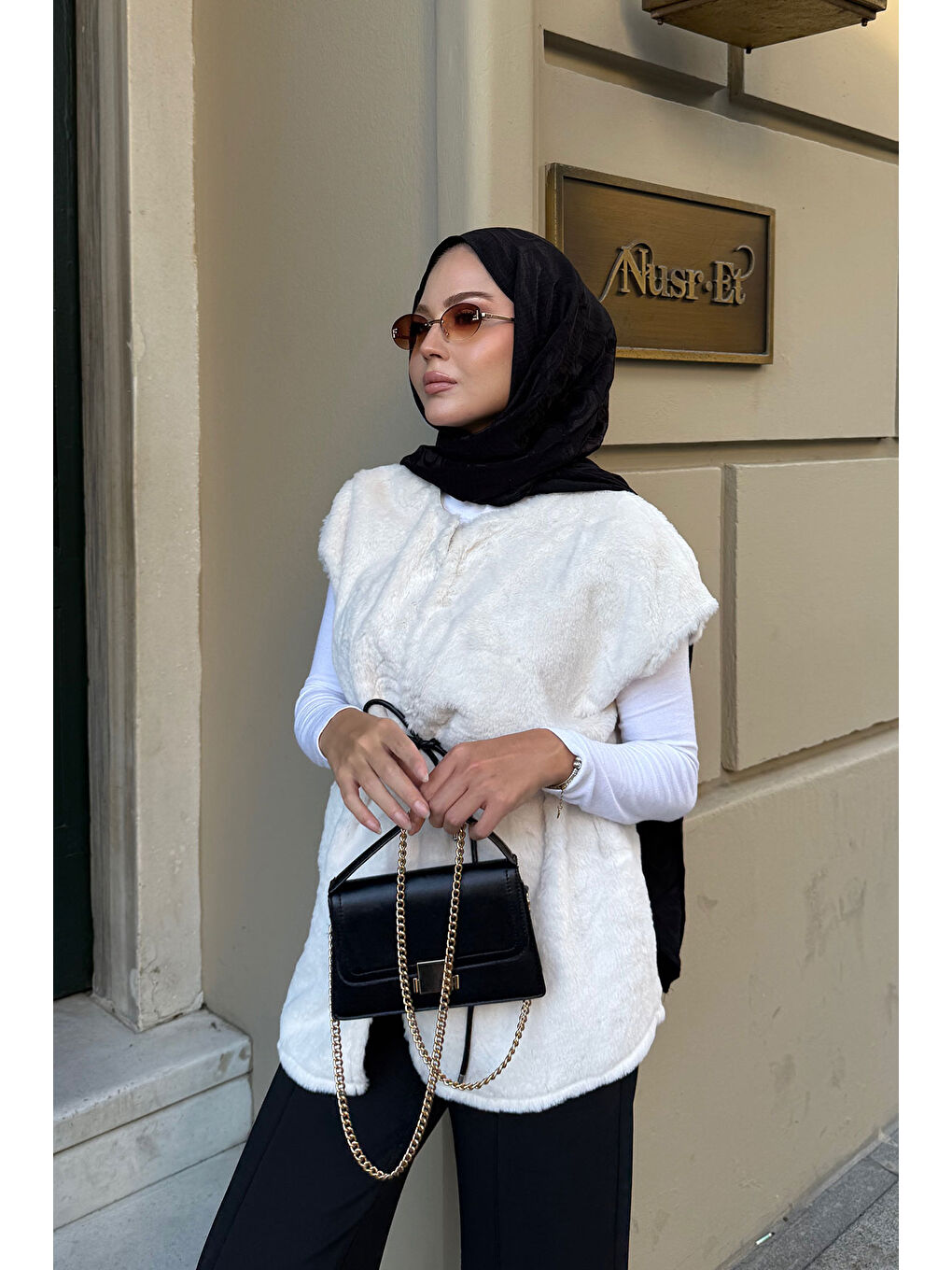 Ekru Kadın Kemerli Pelüş Yelek Krem-3