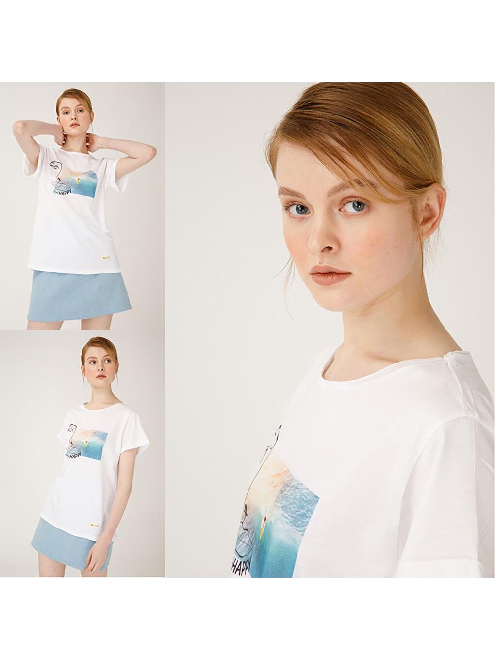 Beyaz Faces Happy Kadın T-Shirt-5
