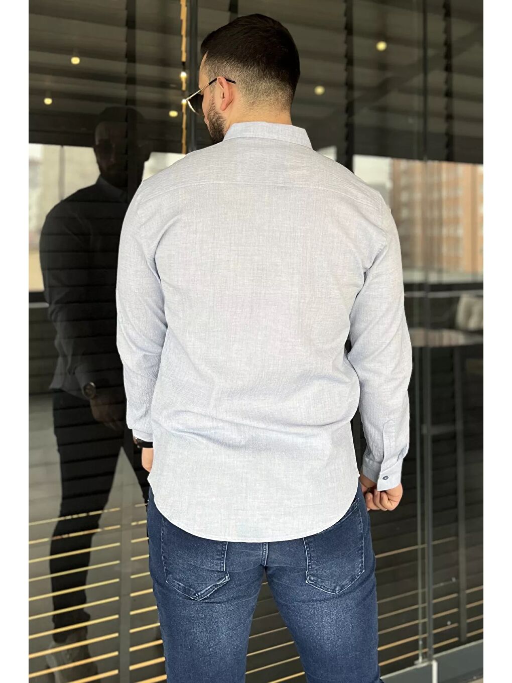 İndigo Kendinden Desenli Erkek Uzun Kol Gömlek-2