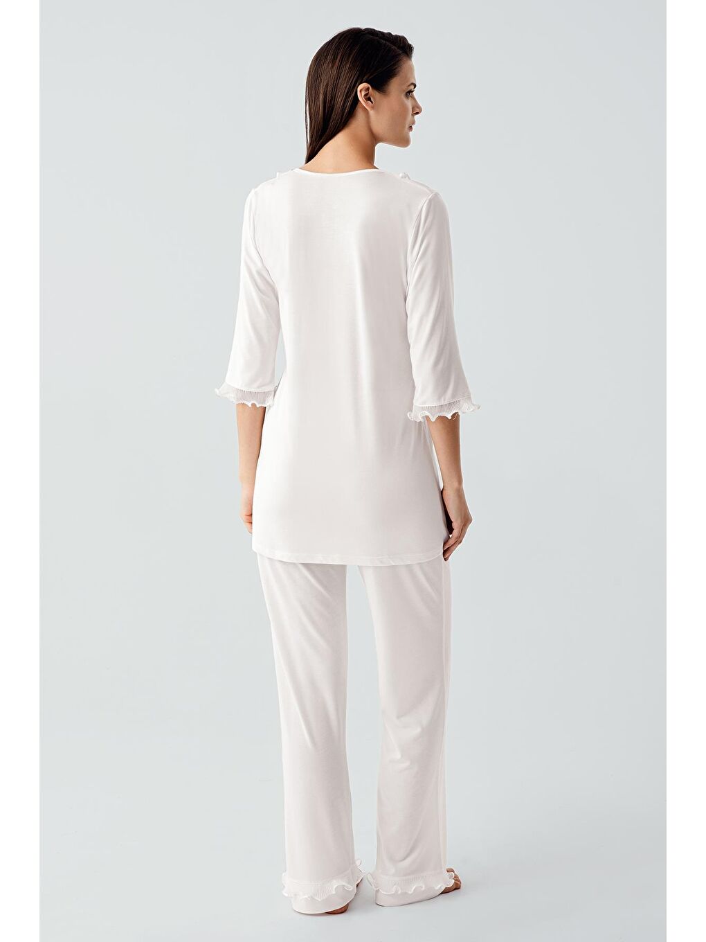 Ekru Truvakar Kollu Dantelli Düğmeli Esnek Viskoz Pijama Takım 17217-2
