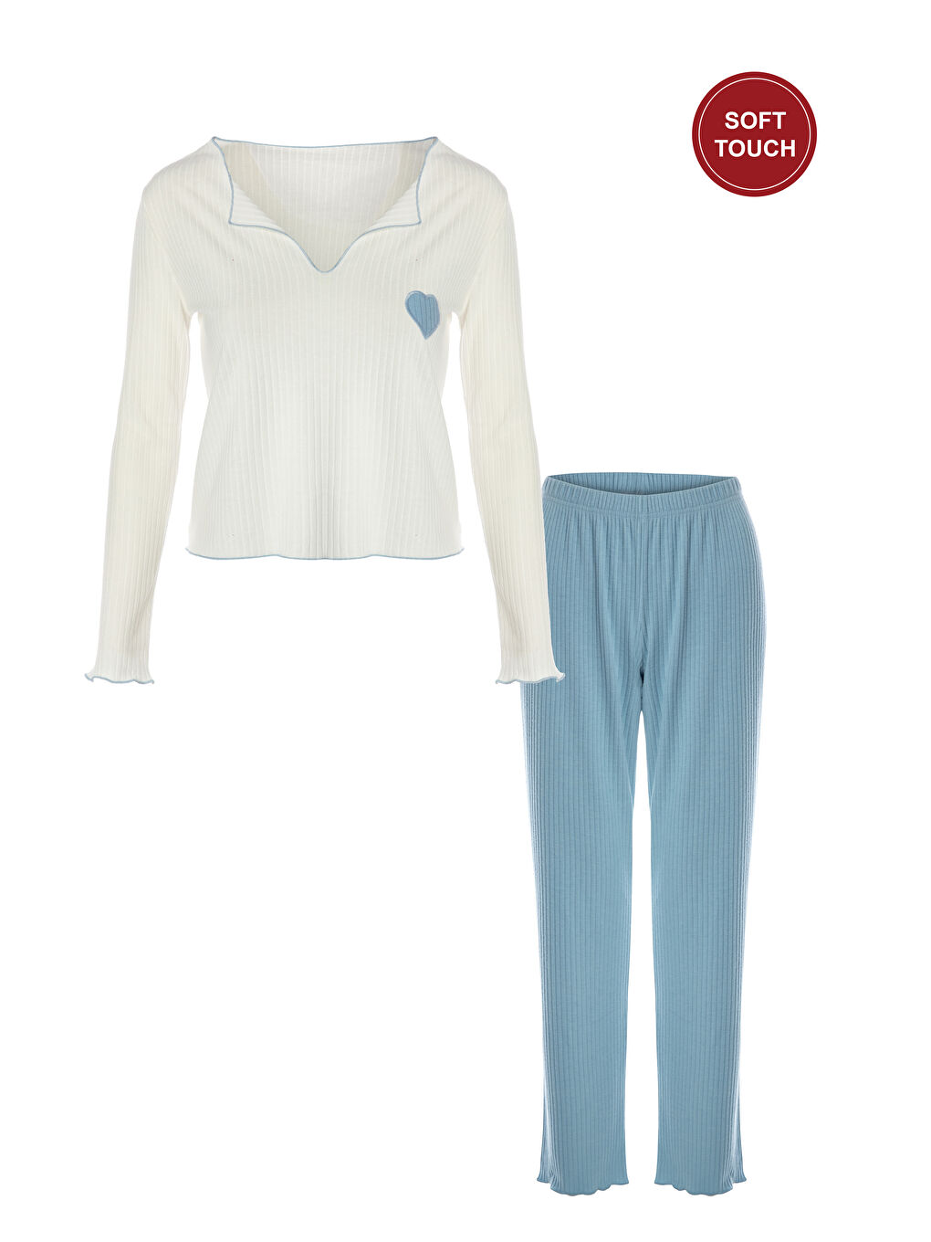 Ekru Kadın Soft Touch Fitilli Uzun Kollu Pijama Takımı