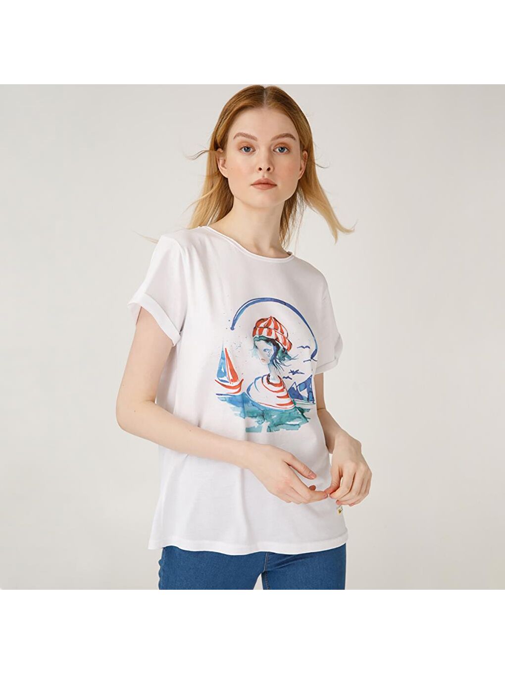 Beyaz Denizci Kız Kadın T-Shirt-5
