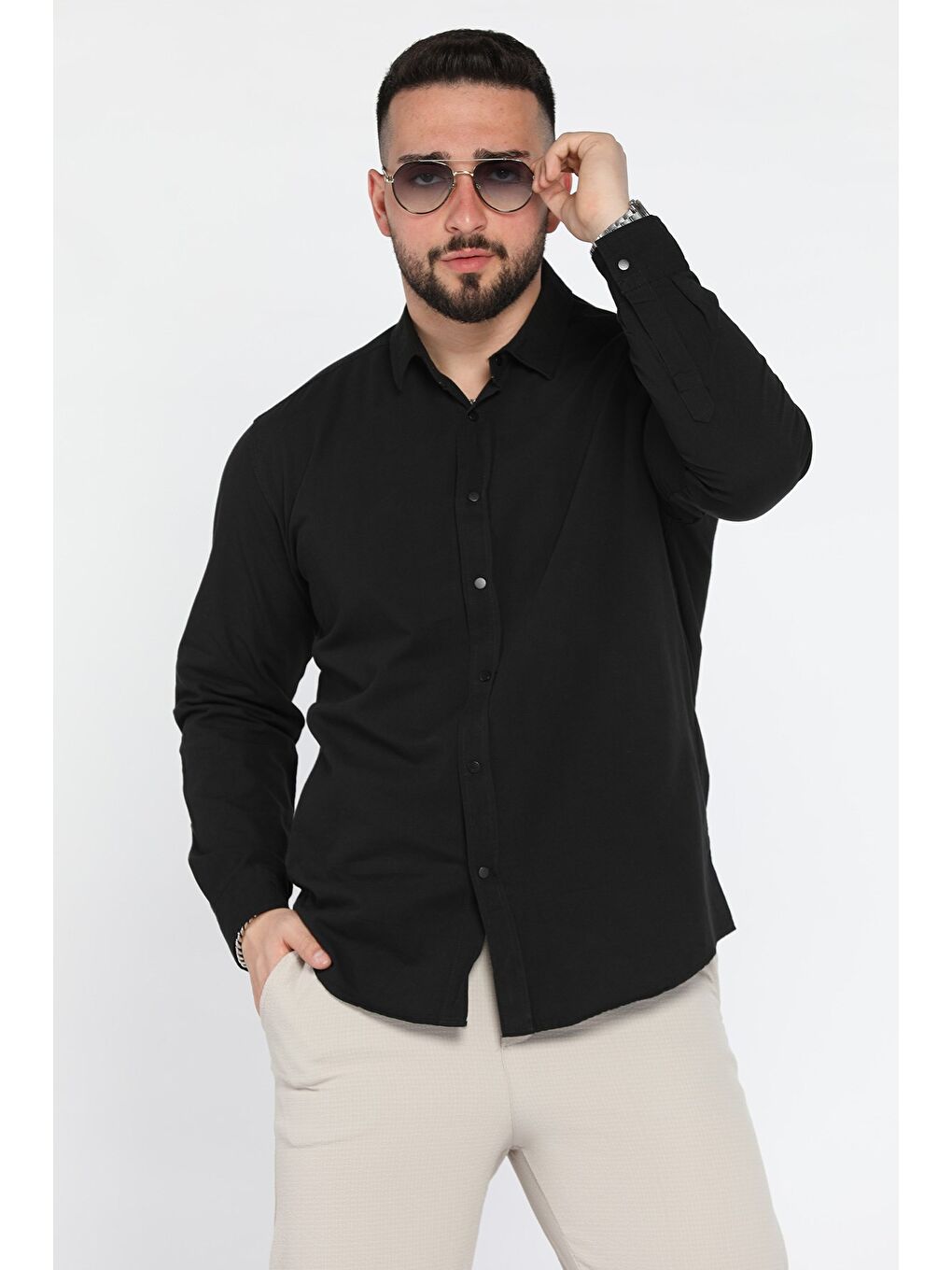 Siyah Erkek Ön Çıtçıtlı Uzun Kol Gömlek