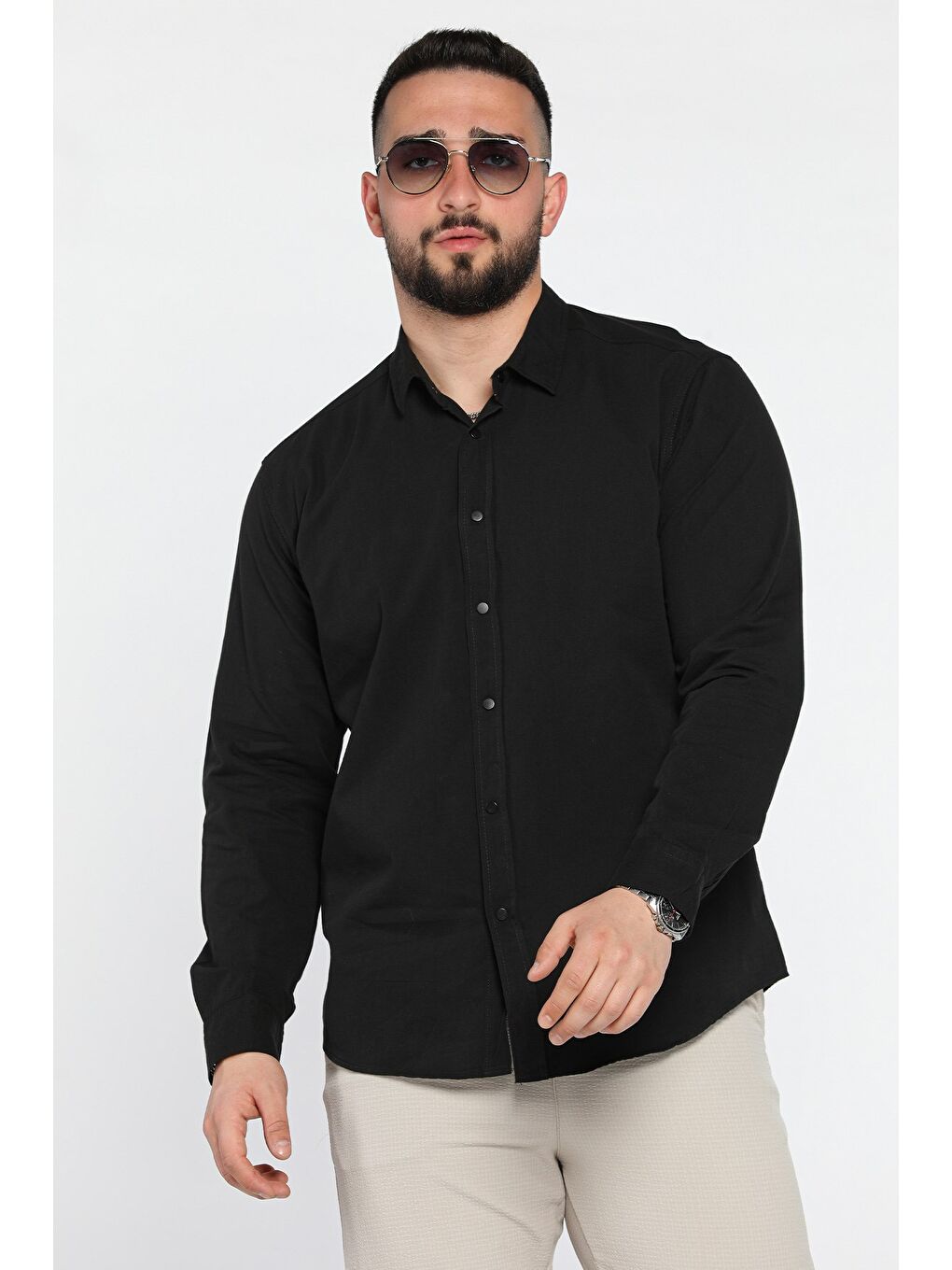 Siyah Erkek Ön Çıtçıtlı Uzun Kol Gömlek-1