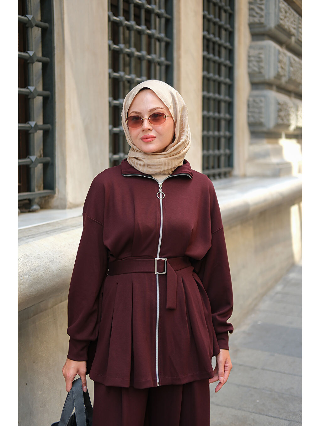 Kadın Pile Detaylı Tokalı Takım Bordo-1