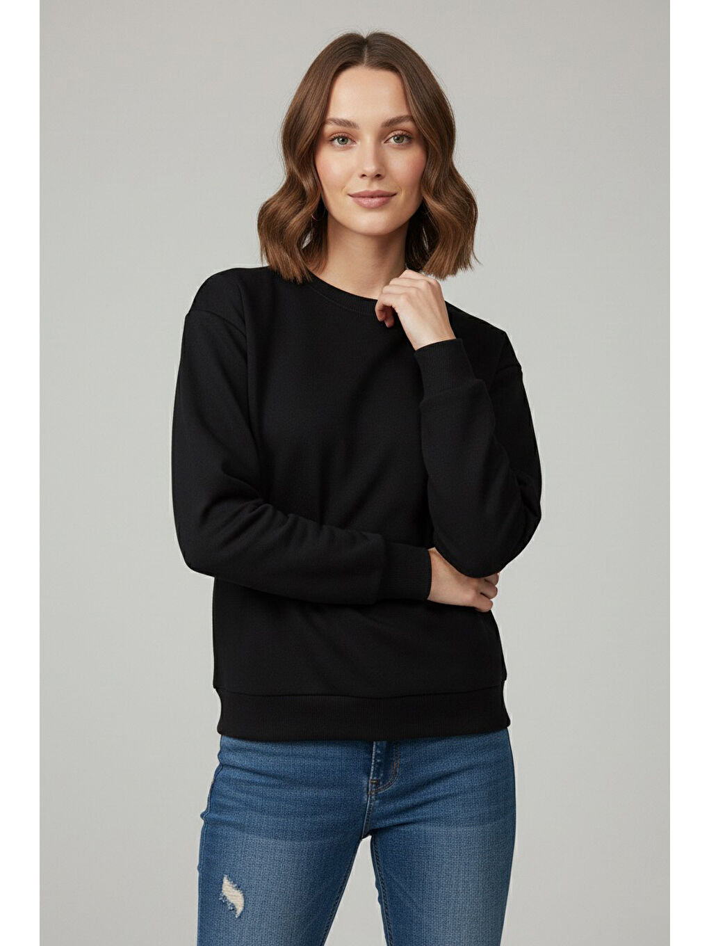 Kadın Bisiklet Yaka Oversize Sweatshirt Siyah - 27955-SIYAH