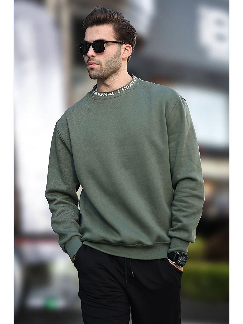 Madmext Haki Bisiklet Yaka Şardonlu Erkek Sweatshirt 7047