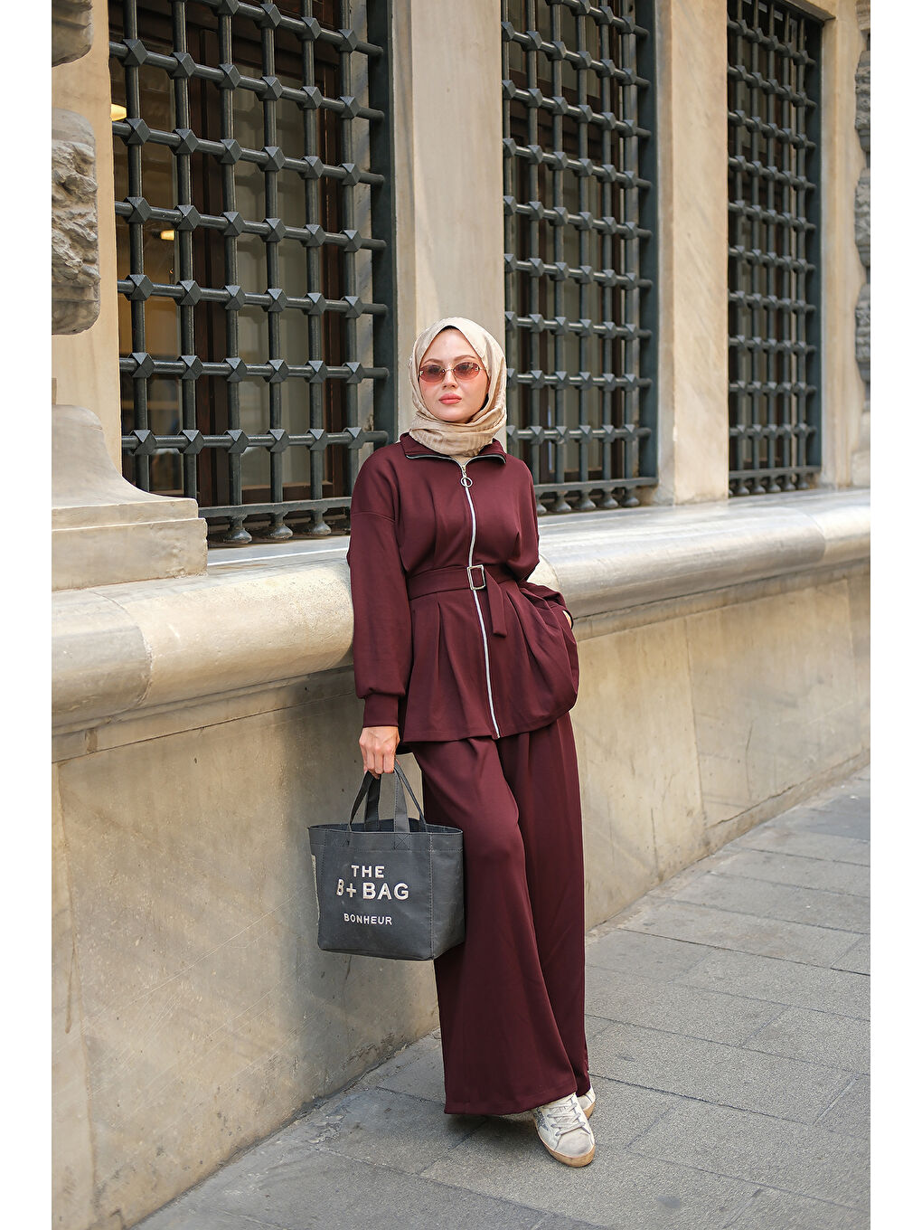 Kadın Pile Detaylı Tokalı Takım Bordo-2