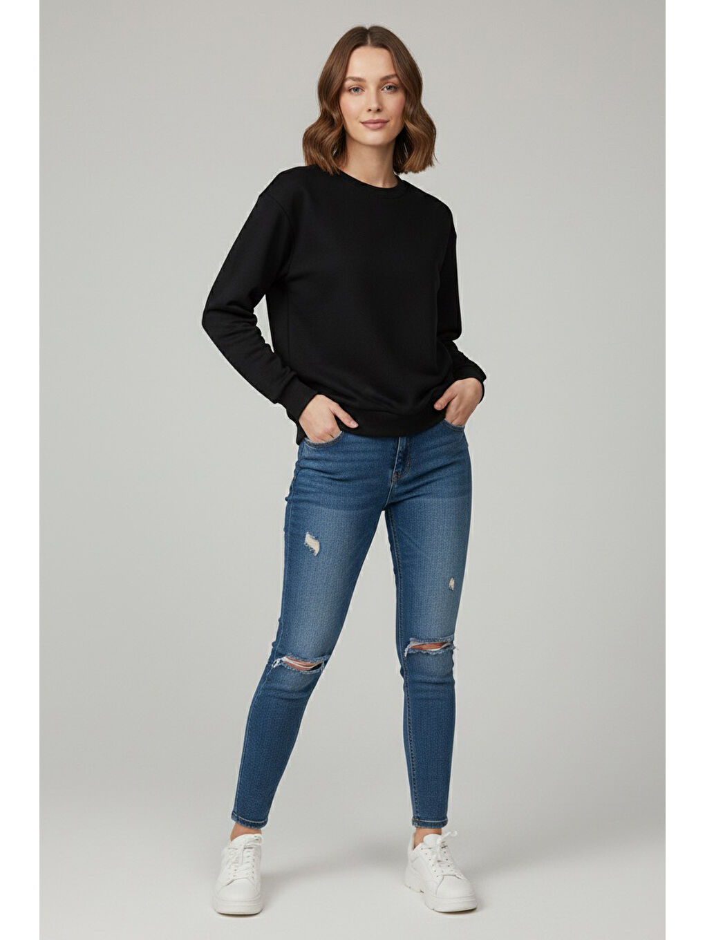 Kadın Bisiklet Yaka Oversize Sweatshirt Siyah - 27955-SIYAH-1