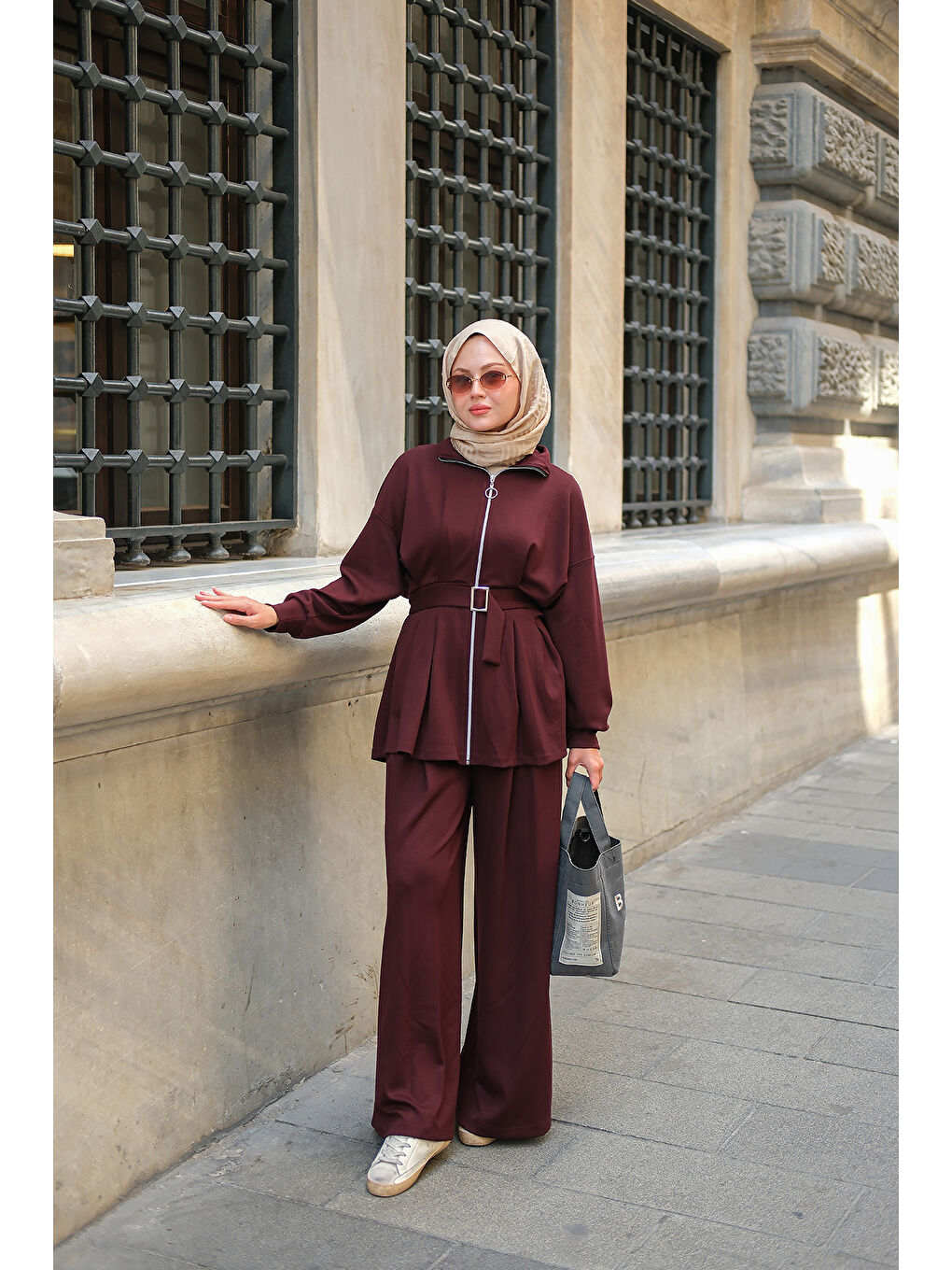 Kadın Pile Detaylı Tokalı Takım Bordo-3