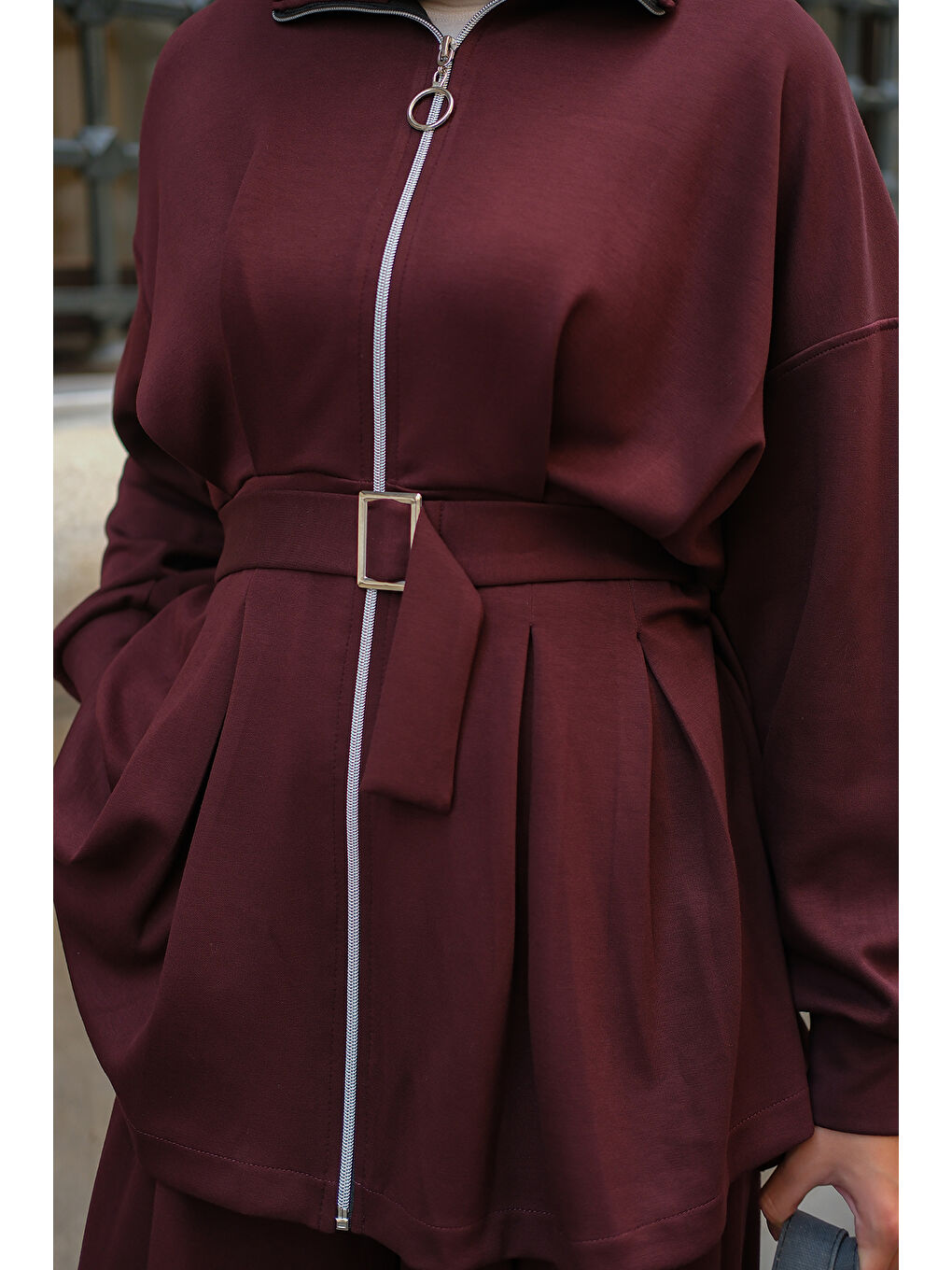 Kadın Pile Detaylı Tokalı Takım Bordo-4