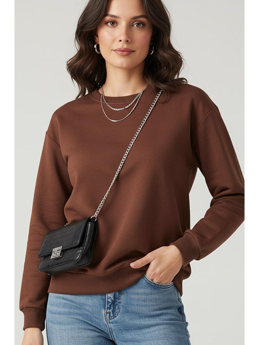 Kahverengi Kadın Bisiklet Yaka Oversize Sweatshirt Kahve - 27955-KAHVE-1