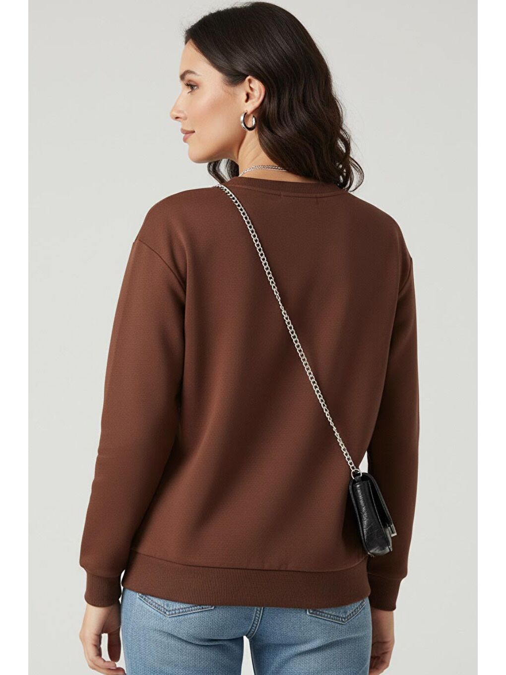 Kahverengi Kadın Bisiklet Yaka Oversize Sweatshirt Kahve - 27955-KAHVE-2