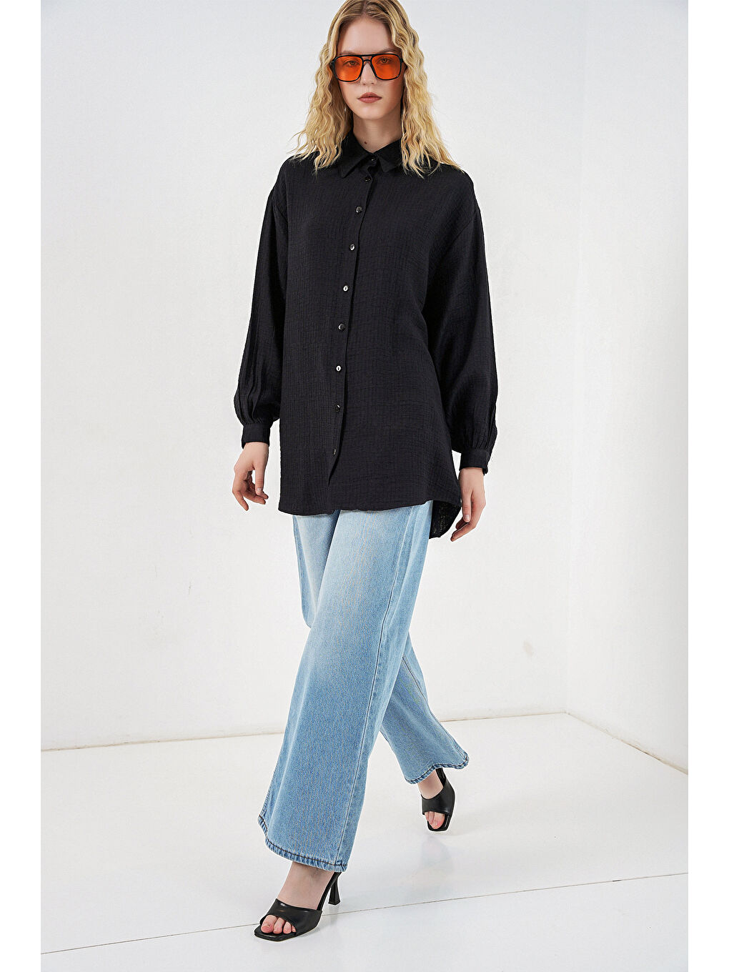 Kadın Dokulu Oversize Tunik 5989 - Siyah-1
