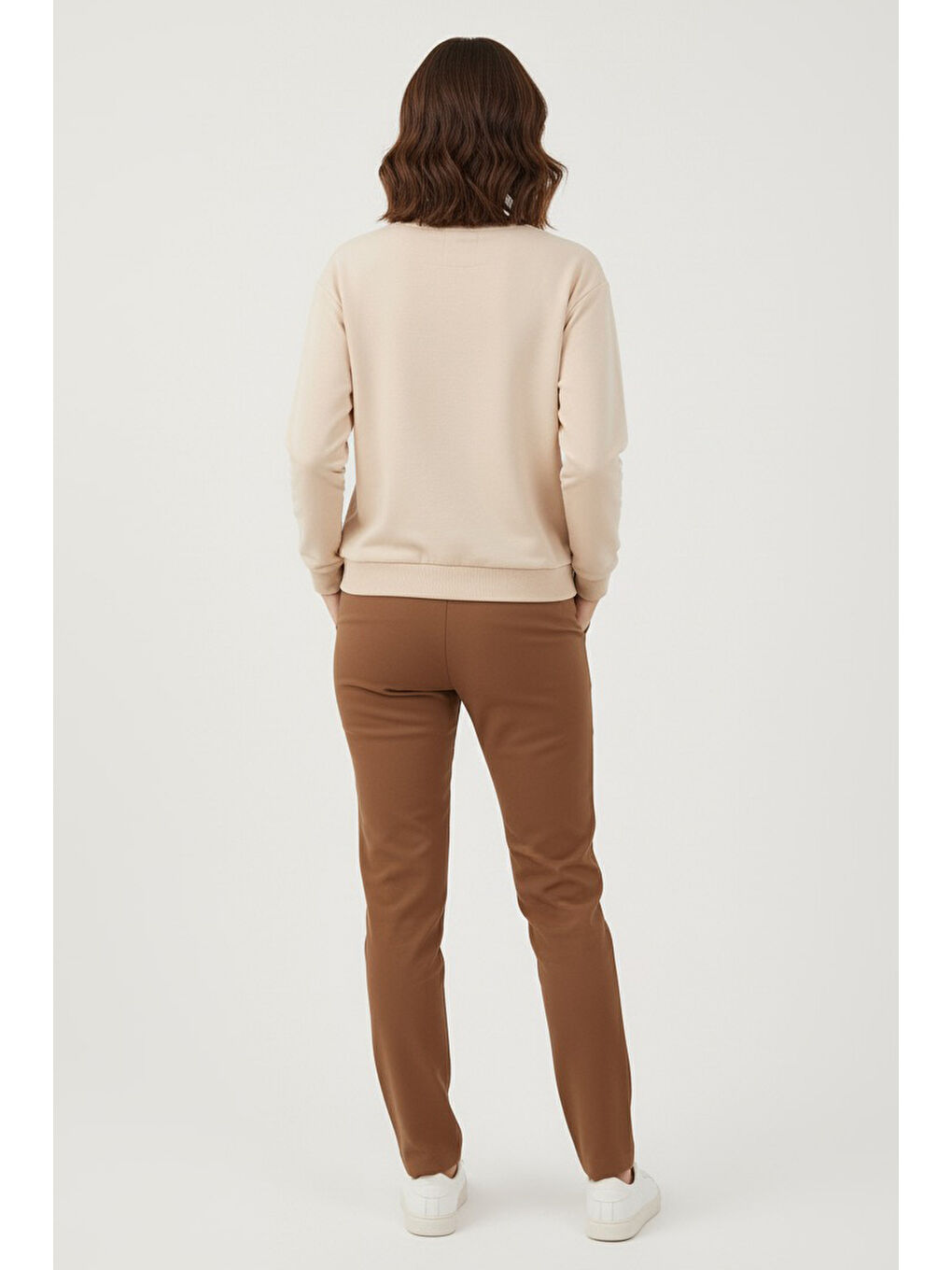 Kadın Bisiklet Yaka Oversize Sweatshirt Bej - 27955-BEJ-2