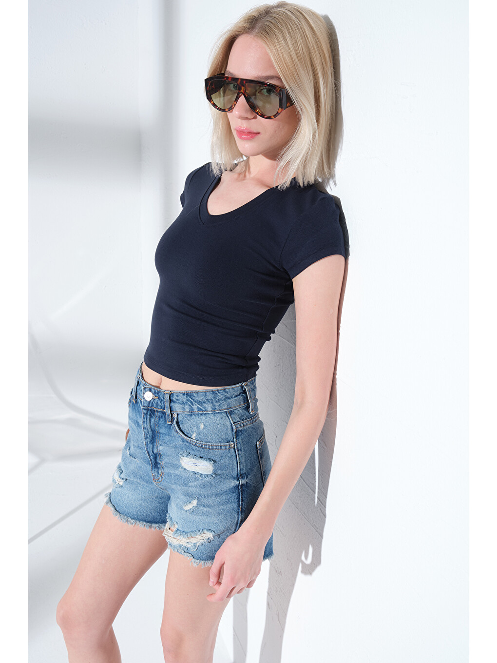 Lacivert V Yaka Soft Touch Premium Ay Kol Örme Body Bluz @Alto