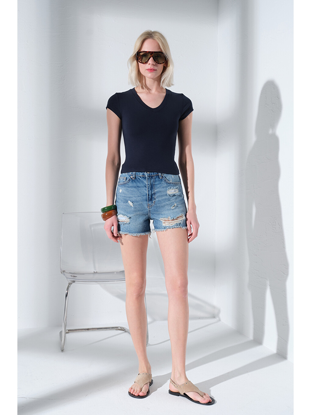 Lacivert V Yaka Soft Touch Premium Ay Kol Örme Body Bluz @Alto-1