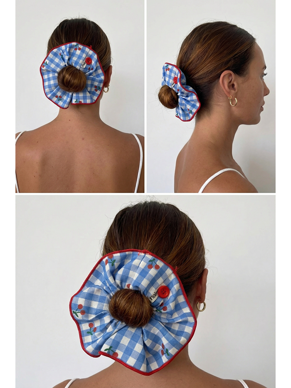 Mavi Kareli Kiraz Desenli Düğmeli Lastik Toka-1