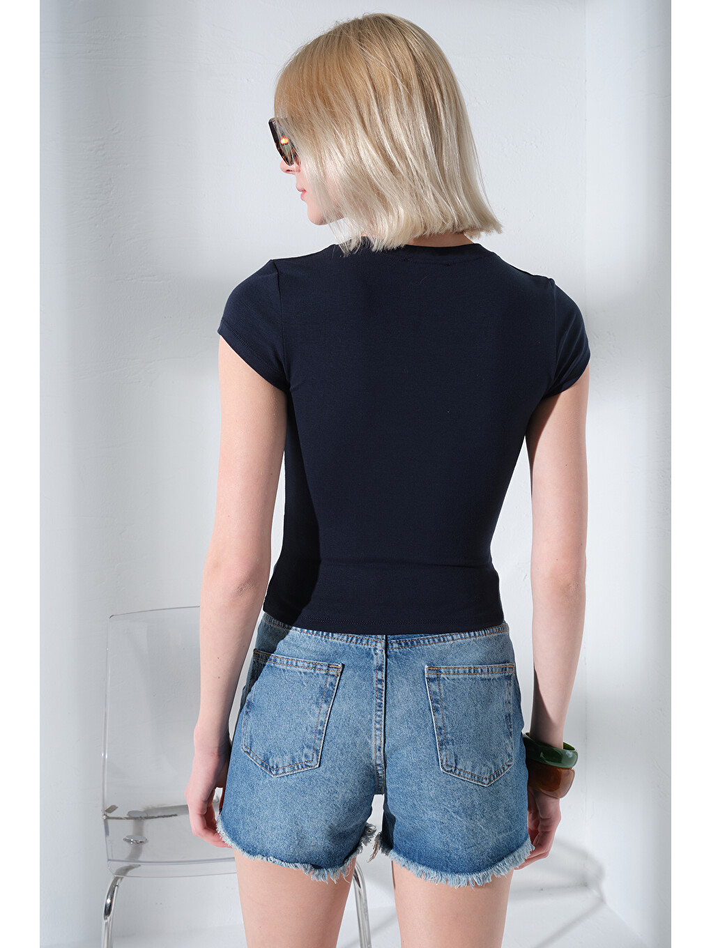 Lacivert V Yaka Soft Touch Premium Ay Kol Örme Body Bluz @Alto-4