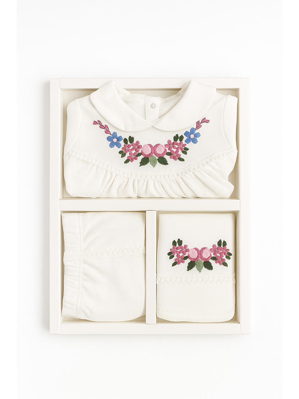 Beyaz Kutulu Nakışlı 5li Hastane Çıkış Seti-1