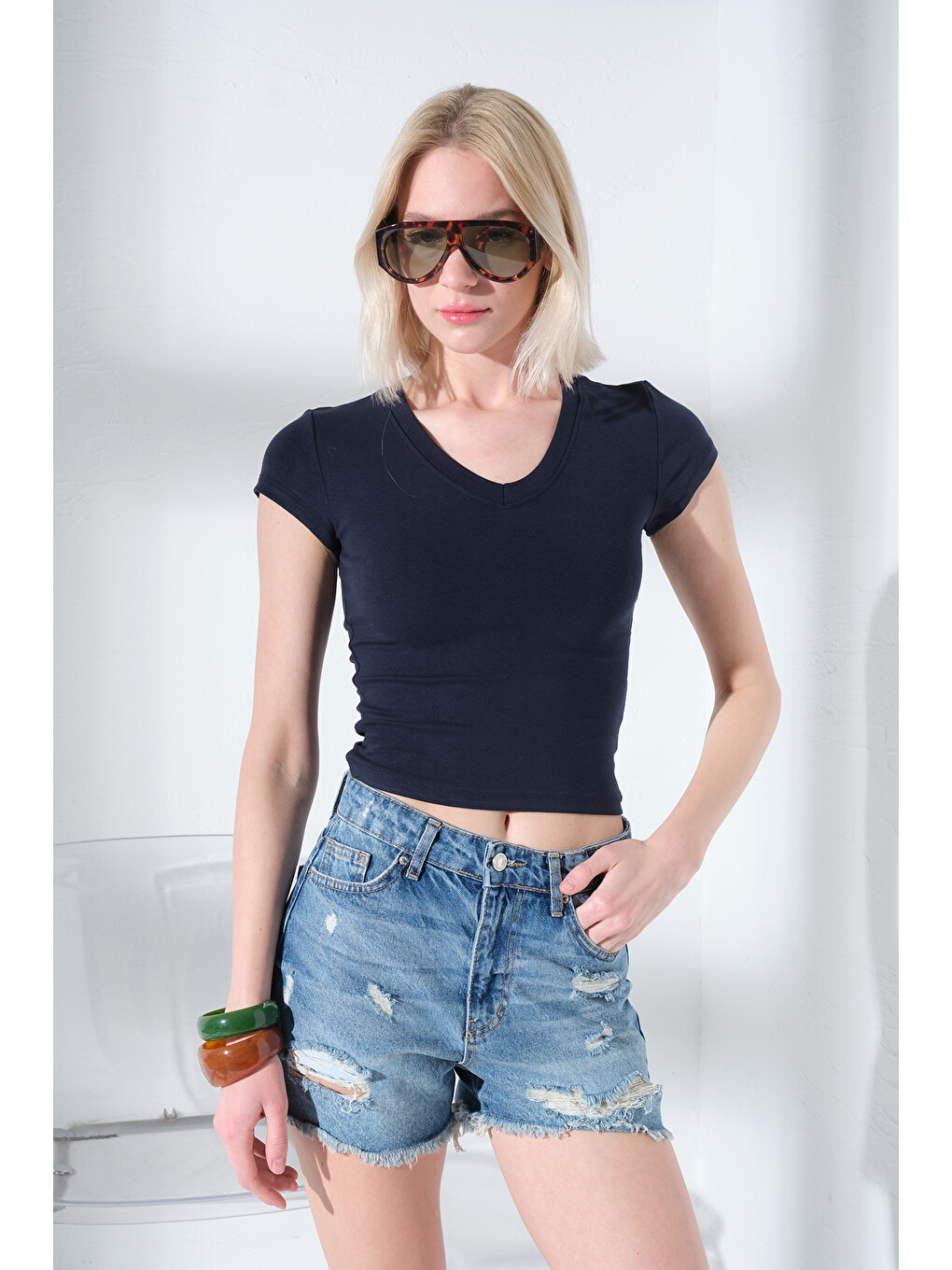 Lacivert V Yaka Soft Touch Premium Ay Kol Örme Body Bluz @Alto-5