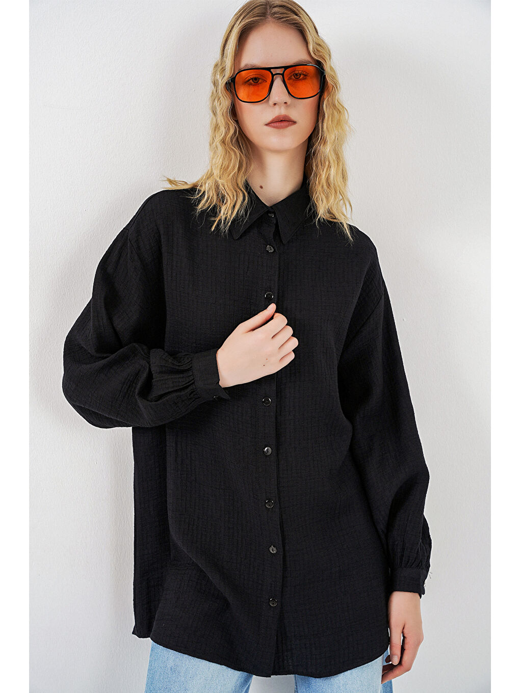 Kadın Dokulu Oversize Tunik 5989 - Siyah-3